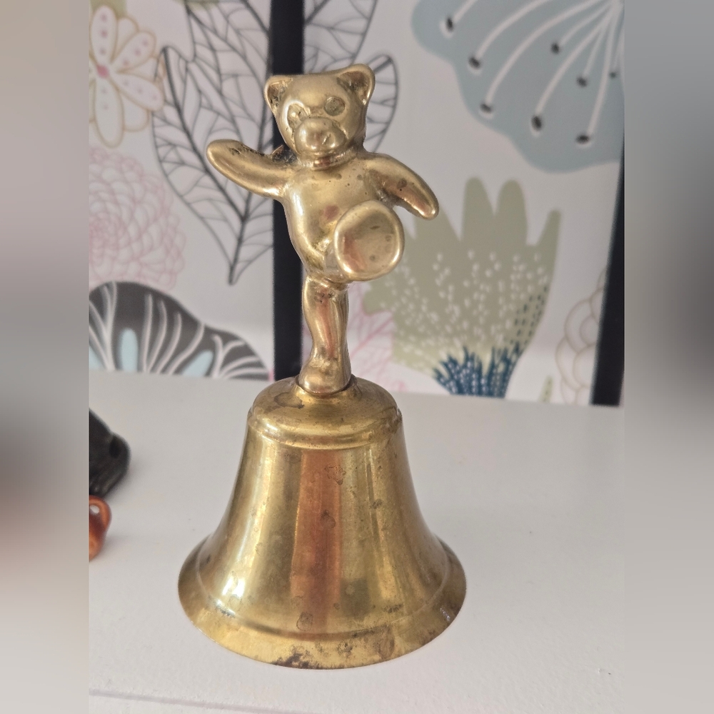 Vintage Solid Brass Dancing Teddy Bear Hand Bell | Whimsical Nursery Decor - Picture 7 of 7